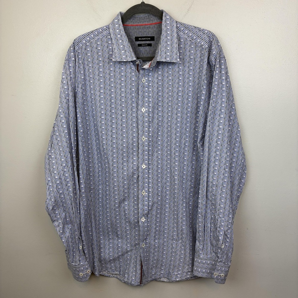 Bugatchi Shirt Mens XL Blue White Classic Fit Long Sleeve Button Front Geometric